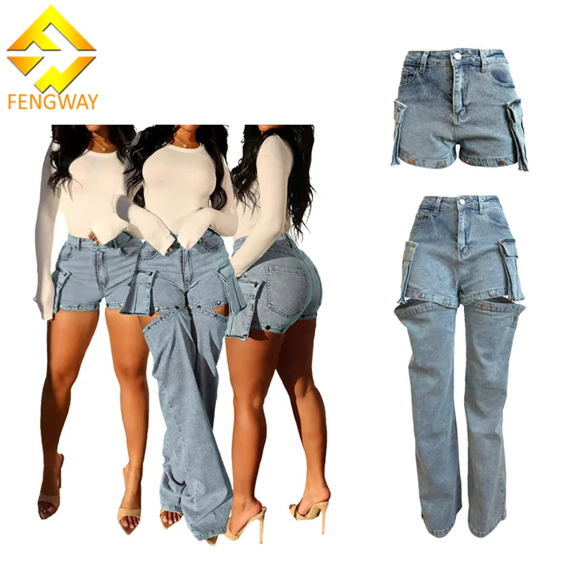 2024 New Design Removable Denim Pants Multi Pocket Shorts +Trouser Legs Trendy Stretch Washed Jeans For Women