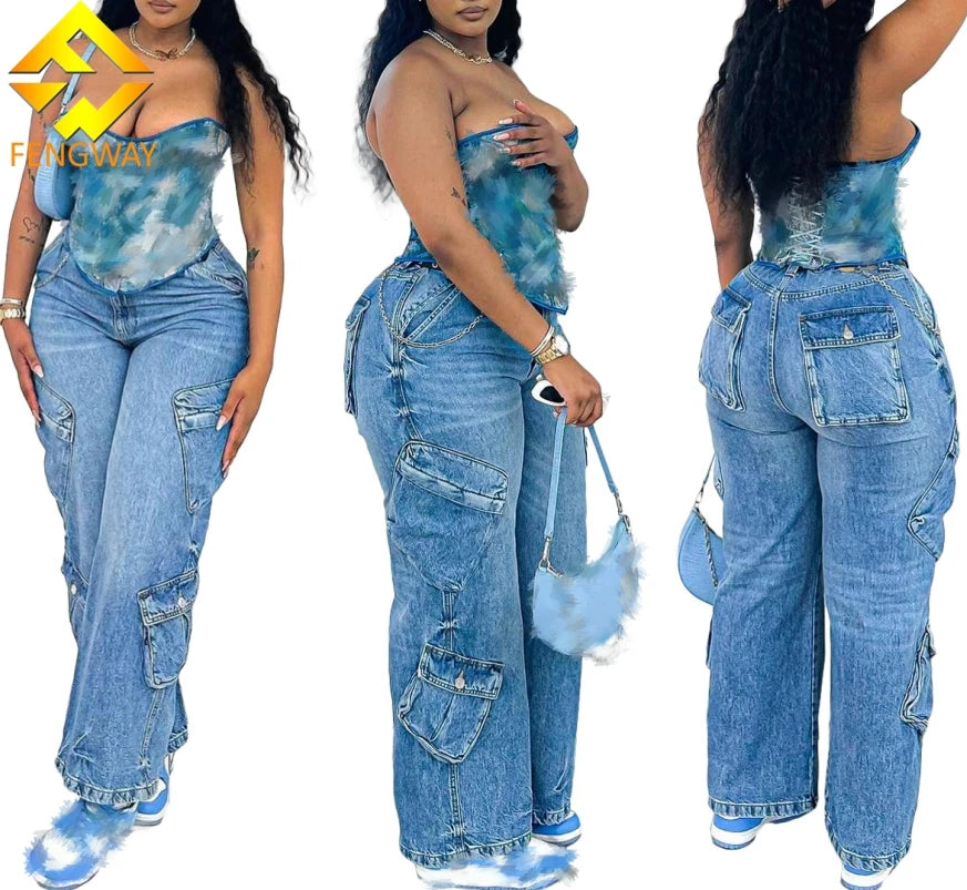 2024 Spring Trendy Jeans Pants Multi-pocket Cargo Denim Pant Fashion Street Wear Casual Pants For Women