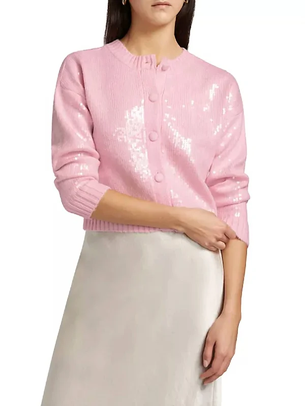 Sequin Knit Button-Front Cardigan In Pale Pink