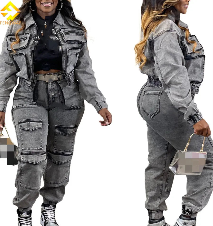 Cargo Pockets Denim Pants 2024 Outfit Sexy Women Two Pieces Elegant Jeans Casual Matching Set Jacket+trousers