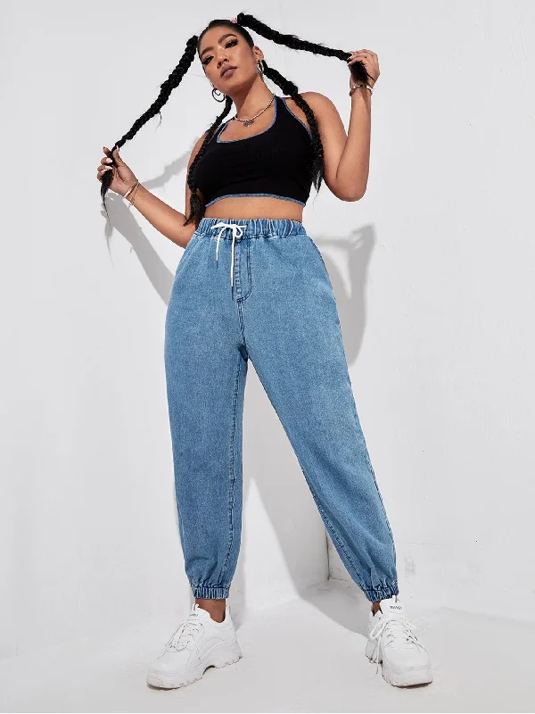 Plain Knot High Waist Long Plus Size Jeans