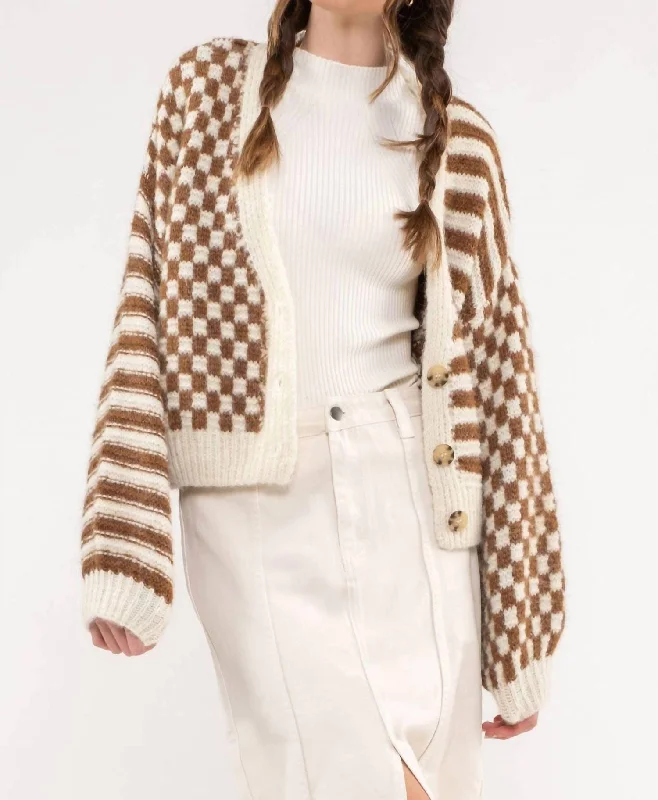 Stripe And Checkered Drop Shoulder Knit Cardigan In Brown