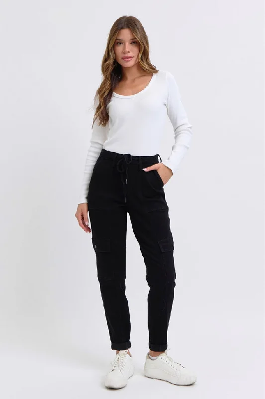 Judy Blue High Waist Cargo Cuff Black Jogger Denim Jeans 88910– sleekdenim.com