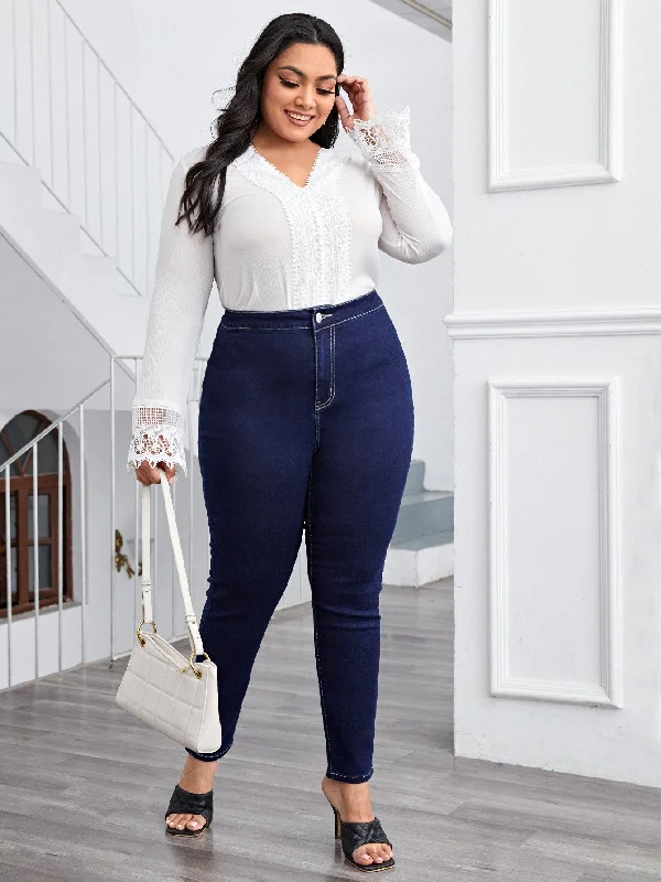 Plain Zipper High Waist Long Plus Size Jeans