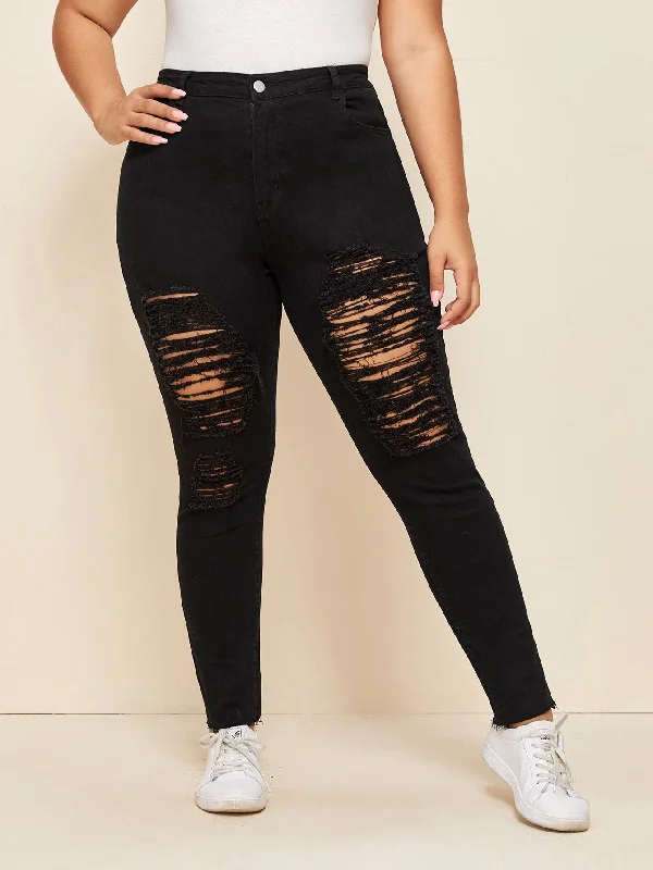 Plain Ripped High Waist Cropped Plus Size Jeans