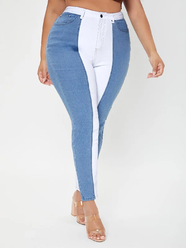 Colorblock Zipper High Waist Long Plus Size Jeans