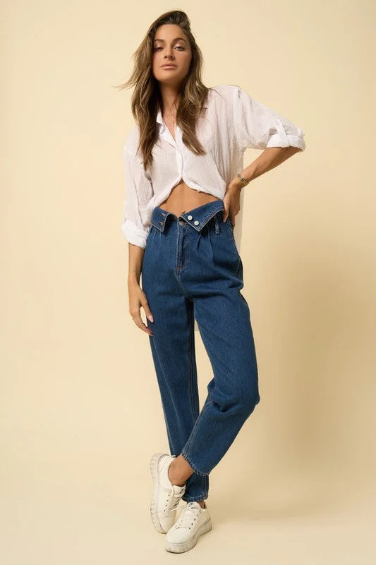 High Rise Flap Waist Relaxed Jeans