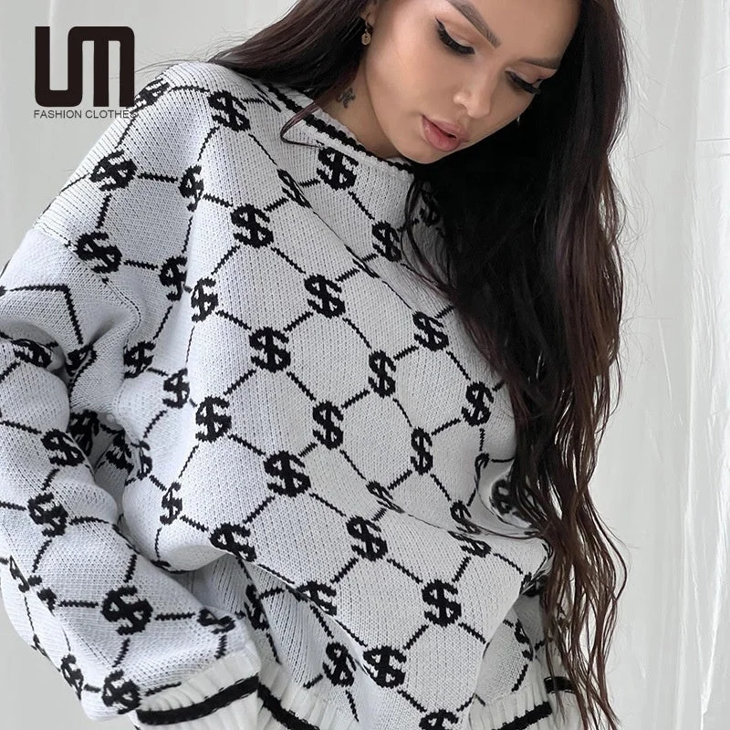 Liu Ming Winter Women Fashion 2023 New Product Casual Money Dollar Printed Pullover Sweater