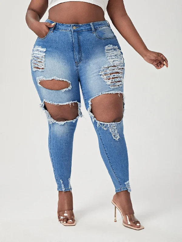 Plain Zipper Natural Cropped Plus Size Jeans