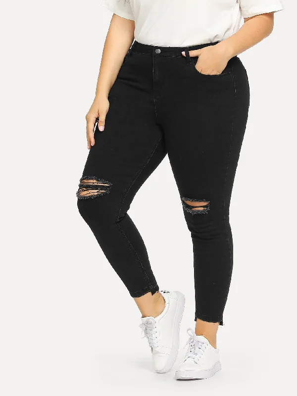 Plain Zipper Natural Cropped Plus Size Jeans