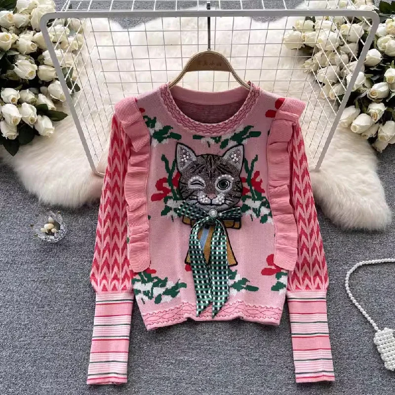 sweater women's new style ruffled kitten short sweater top        S4526