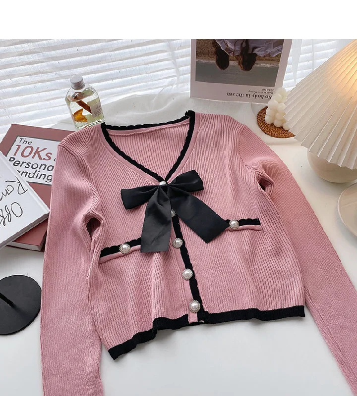 Xiaoxiangfeng V-neck color matching bow knit  6632