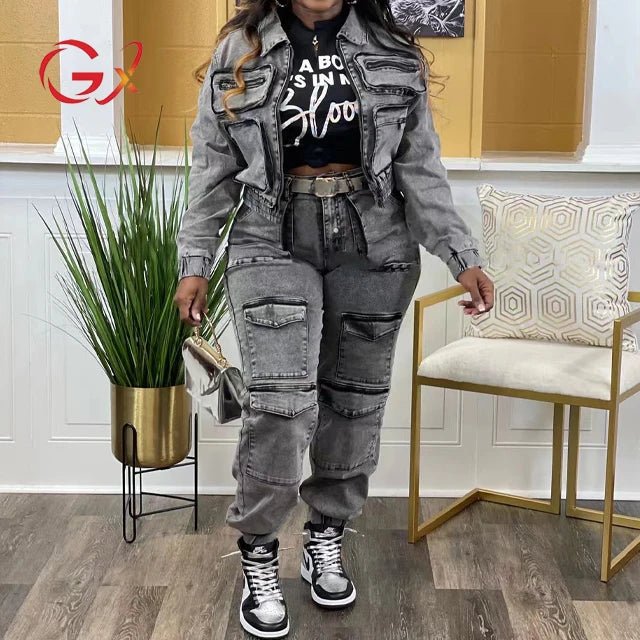 GX8158 Fashion Casual Autumn Ladies Denim Outfit Elegant Long Sleeve Jeans Cropped Jacket and Ripped Pant Women 2 Piece Set