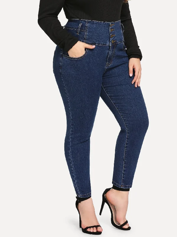 Plain Zipper High Waist Long Plus Size Jeans