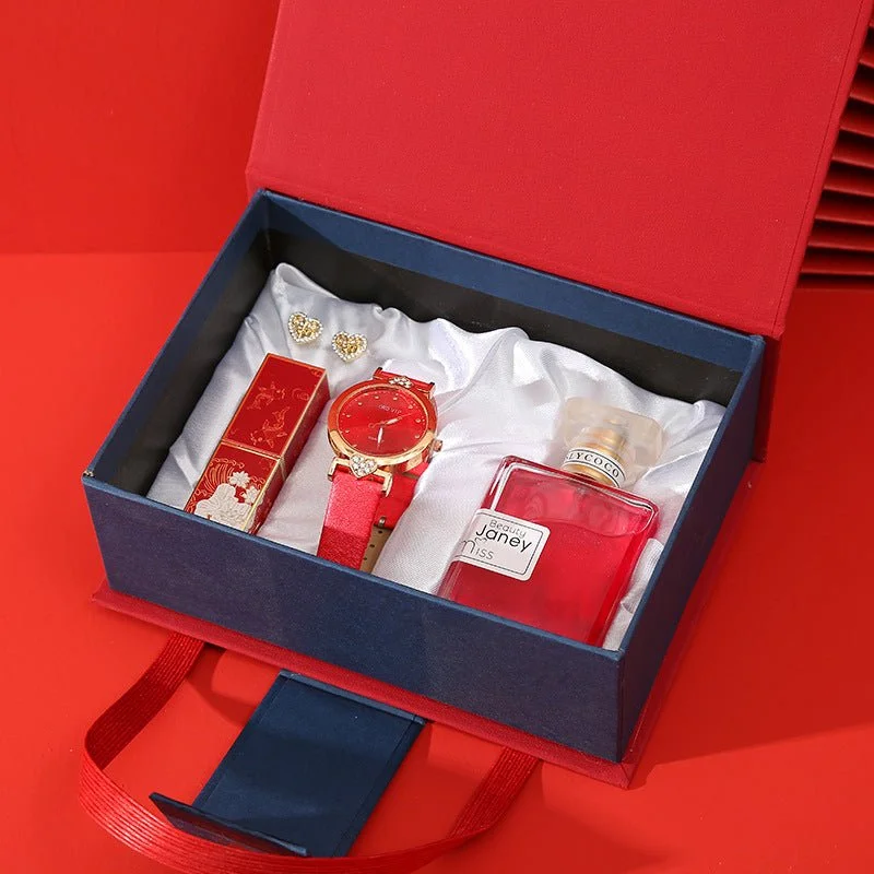 Gift Set for Women - Elegant Watch, Lipstick, Perfume, and Earrings in Red or Orange Box