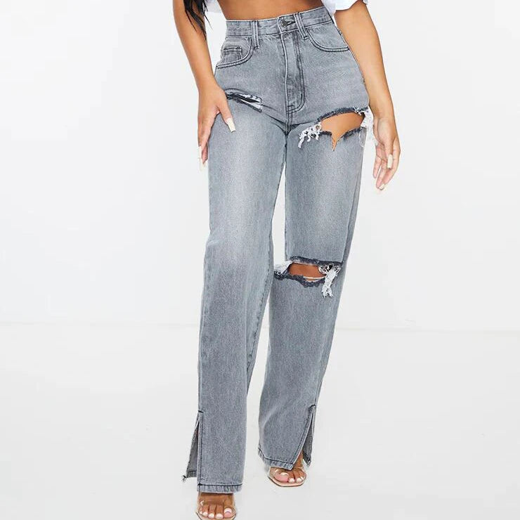 New Arrivals Fashion Loose Light Blue Grey Denim Pants Hole Straight Jeans Pants Wide Leg Ripped Jeans For Women