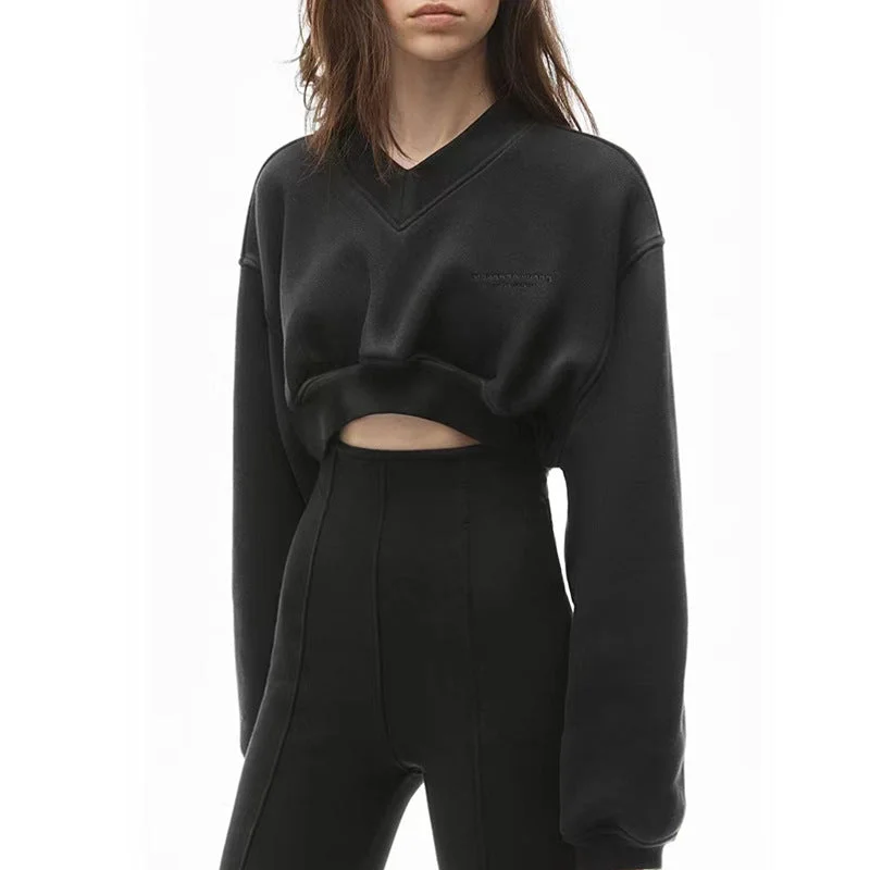 Black sweater women's thin loose loose 2023 spring and autumn all-match high-waisted navel-exposed short long-sleeved top