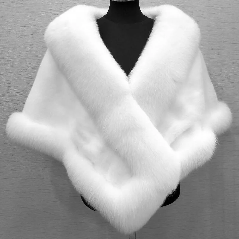 Women's Sleeveless Shawl Imitation Mink Fur Cape Coat Plus Size in White, Black, Wine Red, Gray Black