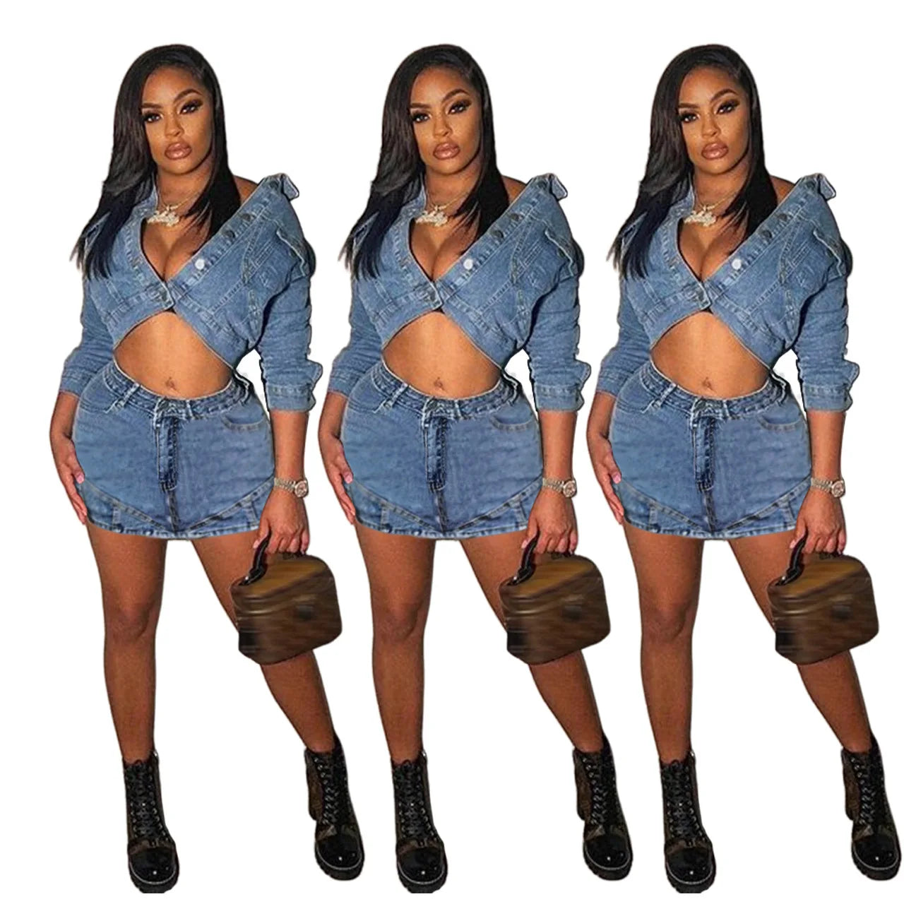 Z158770 2024 women long sleeve 2 piece sets outfits boutique elastic washed crop top denim jean jacket and skirt set for women