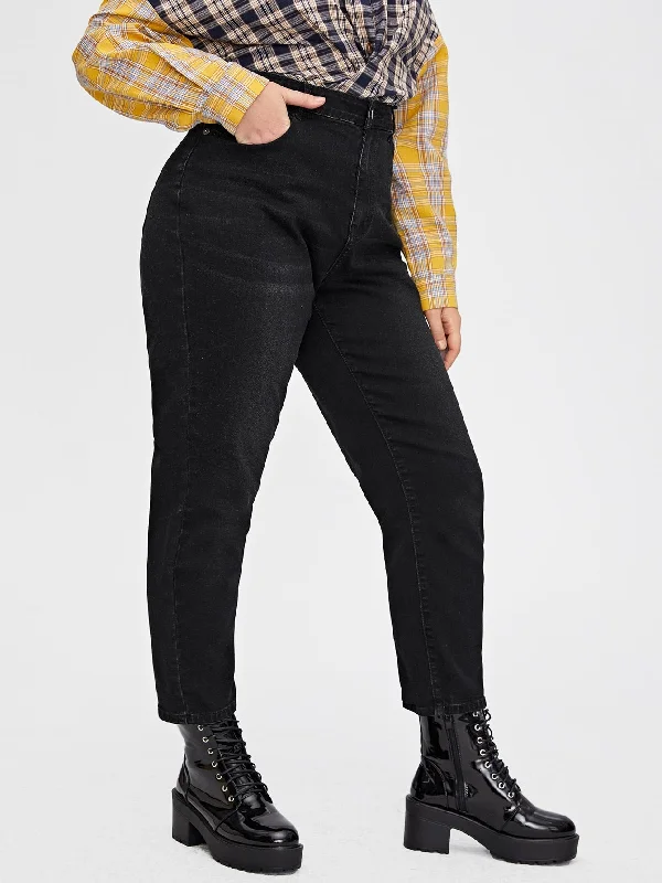 Plain Zipper High Waist Long Plus Size Jeans